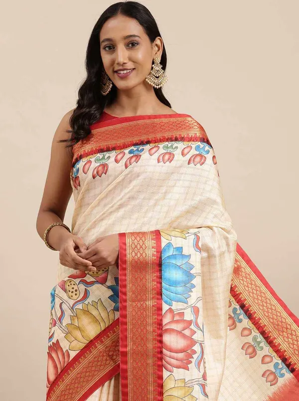 Red_Border_Weaving_And_Checks_Printed_Saree_Beautiful_Unstiched_Blouse