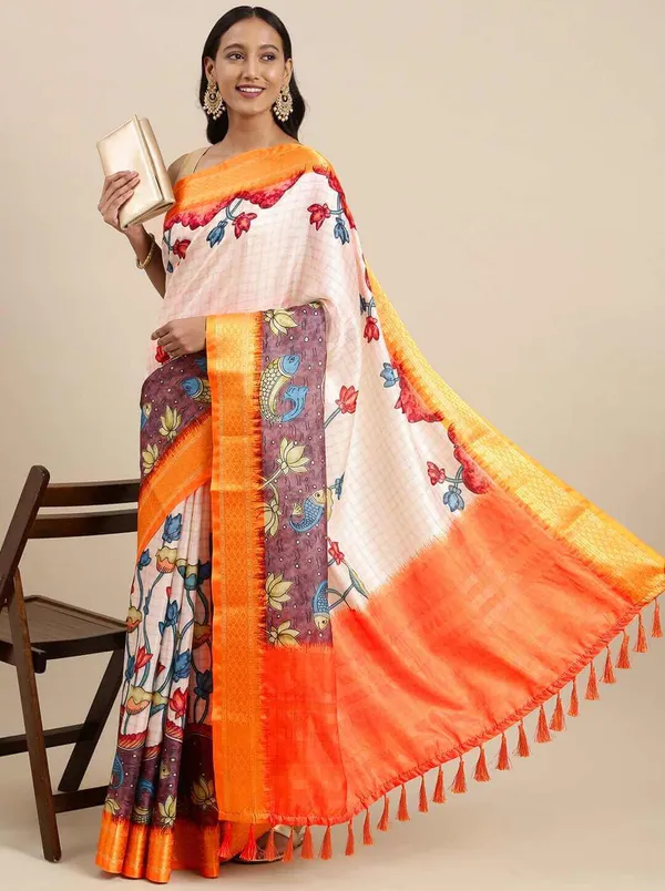 Yellow_Border_Weaving_And_Checks_Printed_Saree_Beautiful_Unstiched_Blouse