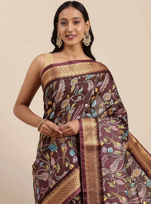 Coffee_Border_Weaving_And_Checks_Printed_Saree_Beautiful_Unstiched_Blouse