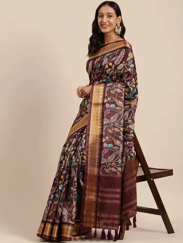 Coffee_Border_Weaving_And_Checks_Printed_Saree_Beautiful_Unstiched_Blouse