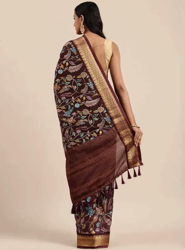 Coffee_Border_Weaving_And_Checks_Printed_Saree_Beautiful_Unstiched_Blouse