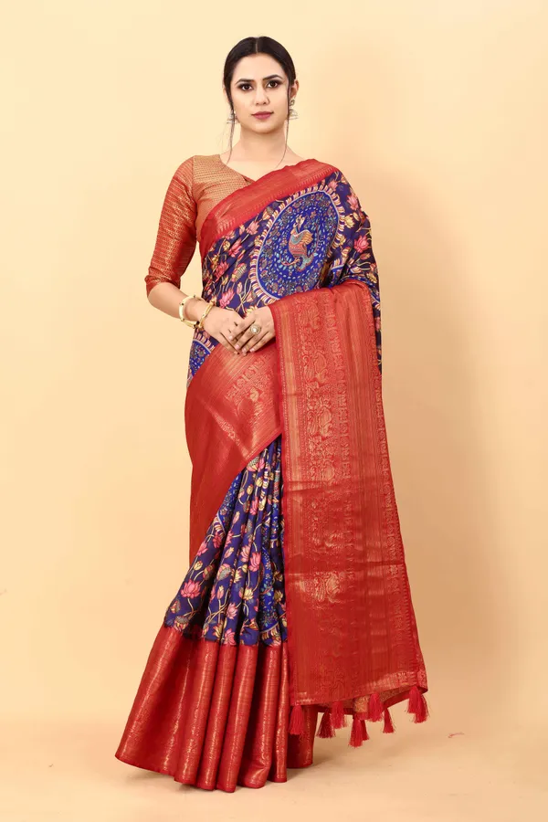Blue_Body_And_Red_Border_Floral_Print_Kalamkari_Pure_Silk_Saree_Unstiched_Blouse