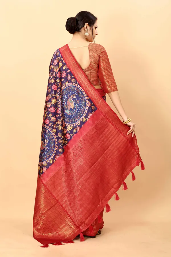Blue_Body_And_Red_Border_Floral_Print_Kalamkari_Pure_Silk_Saree_Unstiched_Blouse