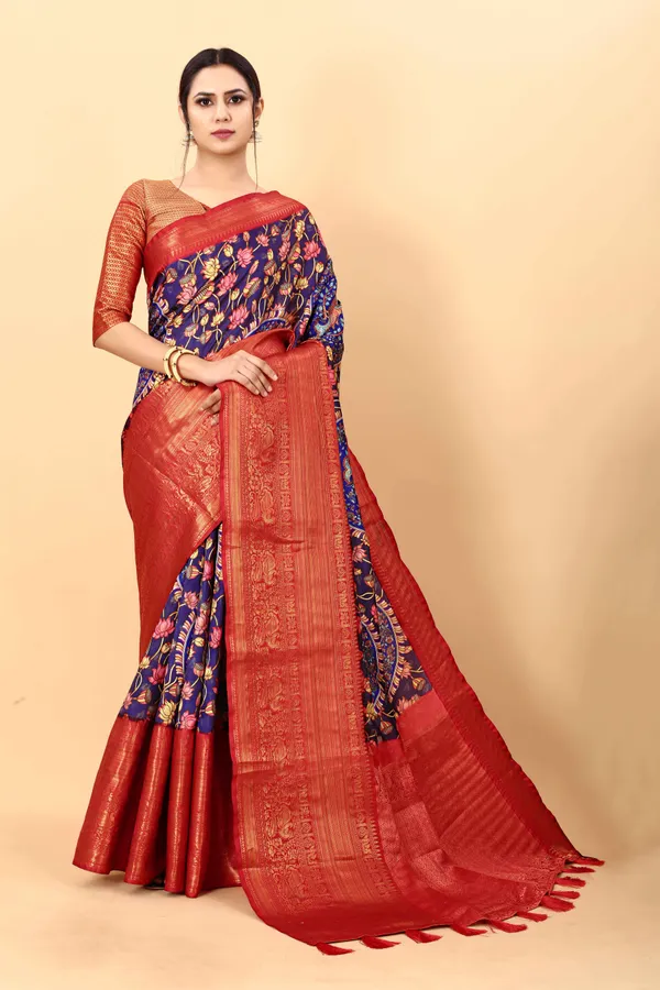 Blue_Body_And_Red_Border_Floral_Print_Kalamkari_Pure_Silk_Saree_Unstiched_Blouse