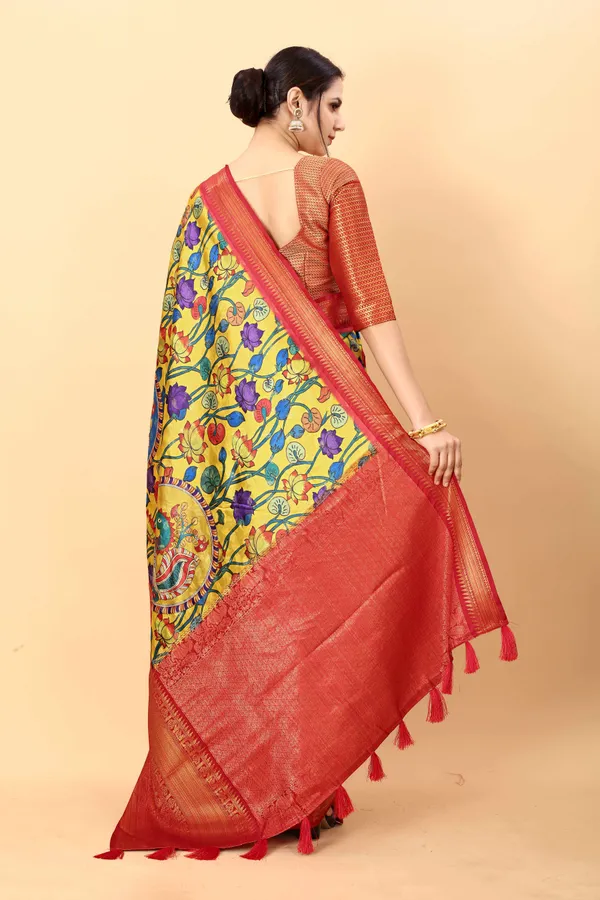 Red_Border_And_Yellow_Body_Floral_Print_Kalamkari_Pure_Silk_Saree_Unstiched_Blouse