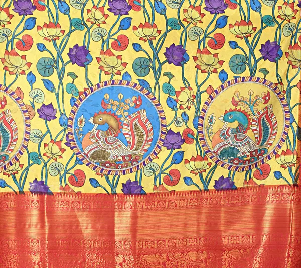 Red_Border_And_Yellow_Body_Floral_Print_Kalamkari_Pure_Silk_Saree_Unstiched_Blouse