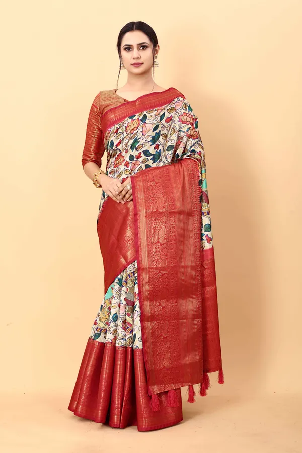 White_And_Red_Uppada_Blend_Kalamkari_Digital_Print_Party_Wear_Saree_Unstiched_Blouse