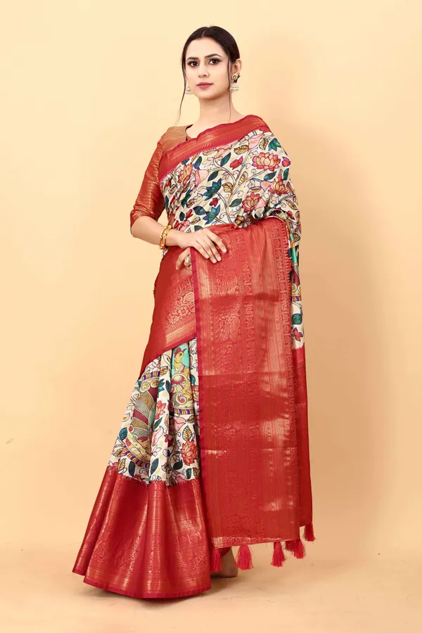 White_And_Red_Uppada_Blend_Kalamkari_Digital_Print_Party_Wear_Saree_Unstiched_Blouse