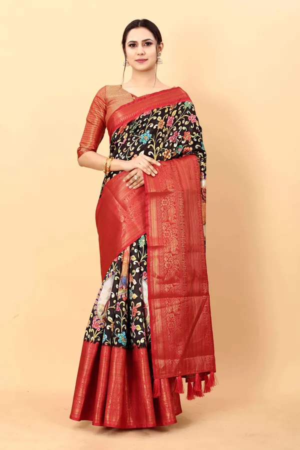Red_And_Black_Floral_Print_Kalamkari_Saree_Pure_Silk_Saree_Unstiched_Blouse