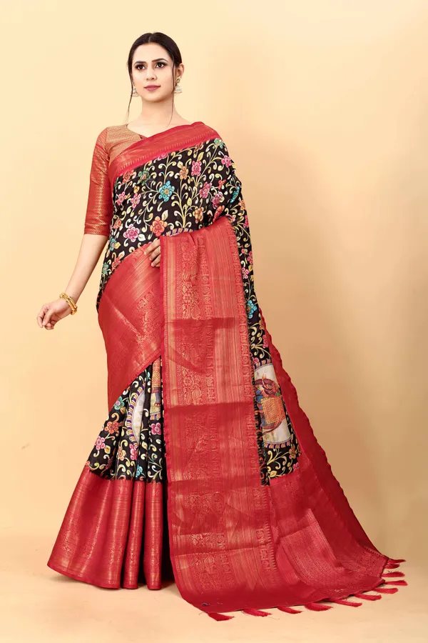 Red_And_Black_Floral_Print_Kalamkari_Saree_Pure_Silk_Saree_Unstiched_Blouse