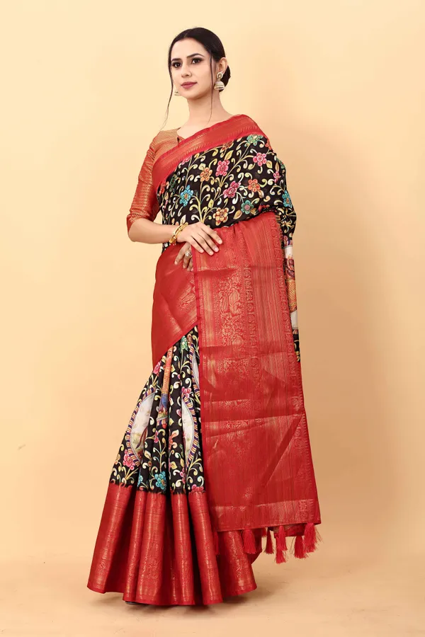 Red_And_Black_Floral_Print_Kalamkari_Saree_Pure_Silk_Saree_Unstiched_Blouse