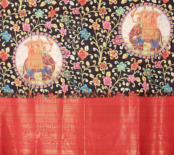 Red_And_Black_Floral_Print_Kalamkari_Saree_Pure_Silk_Saree_Unstiched_Blouse