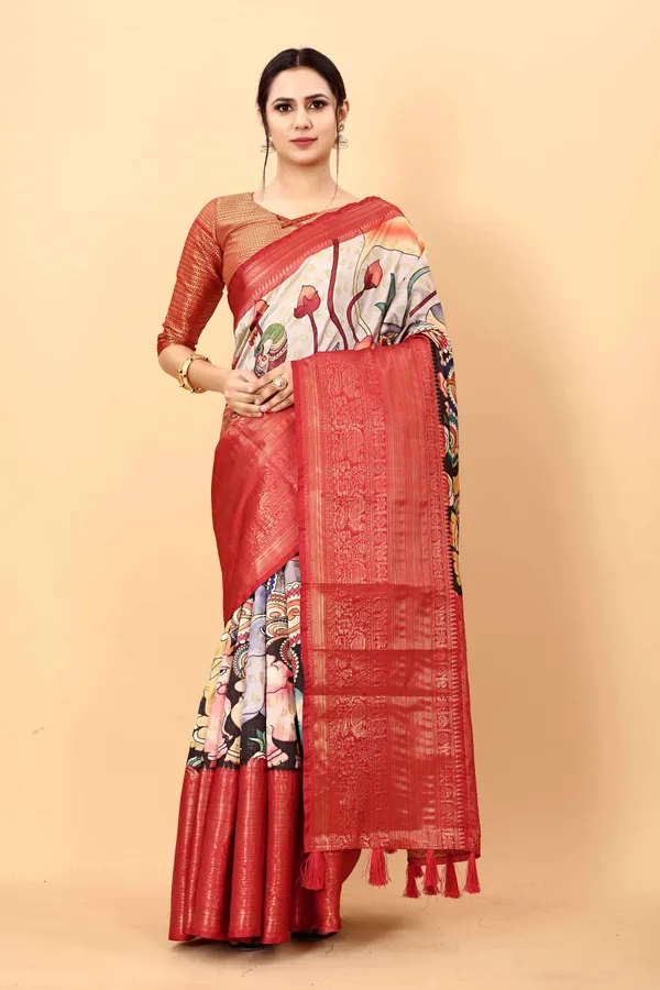 Red_Floral_Print_Daily_Wear_Jacquard_Pure_Silk_Saree_Unstiched_Blouse