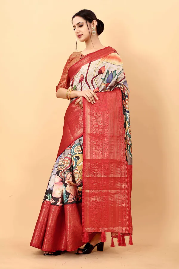 Red_Floral_Print_Daily_Wear_Jacquard_Pure_Silk_Saree_Unstiched_Blouse