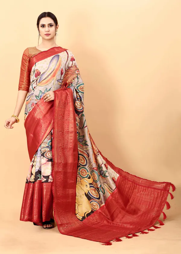 Red_Floral_Print_Daily_Wear_Jacquard_Pure_Silk_Saree_Unstiched_Blouse
