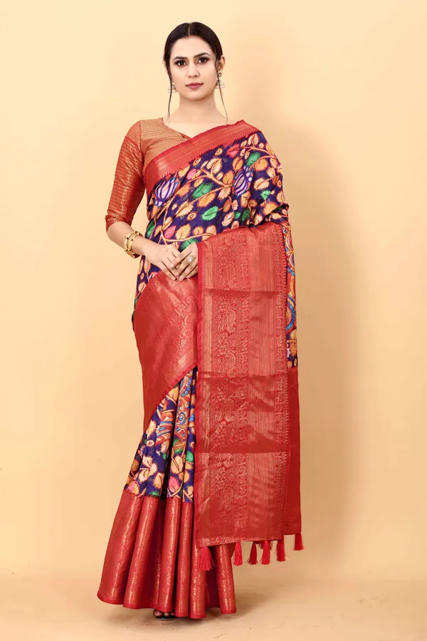 Multicolor_Floral_Print_Kalamkari_Pure_Silk_Saree_Unstiched_Blouse