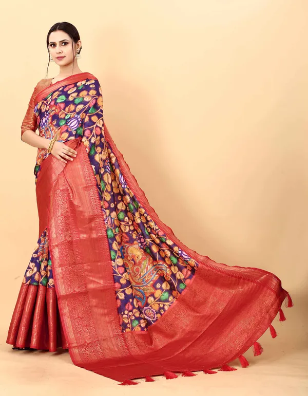 Multicolor_Floral_Print_Kalamkari_Pure_Silk_Saree_Unstiched_Blouse