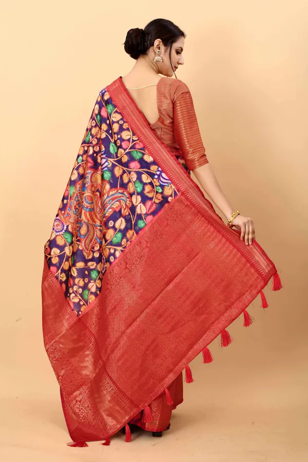 Multicolor_Floral_Print_Kalamkari_Pure_Silk_Saree_Unstiched_Blouse