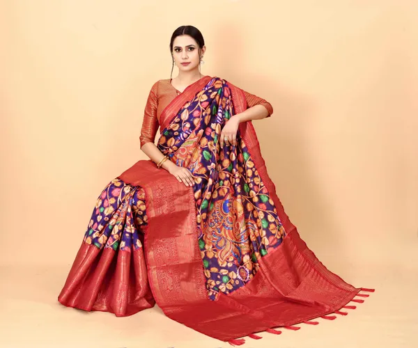 Multicolor_Floral_Print_Kalamkari_Pure_Silk_Saree_Unstiched_Blouse
