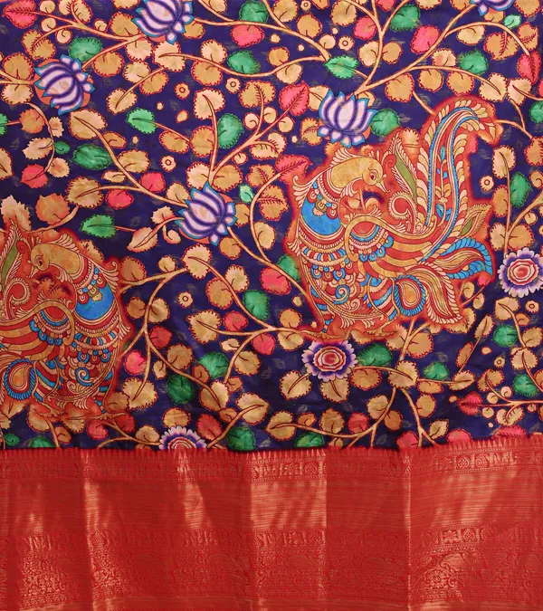 Multicolor_Floral_Print_Kalamkari_Pure_Silk_Saree_Unstiched_Blouse