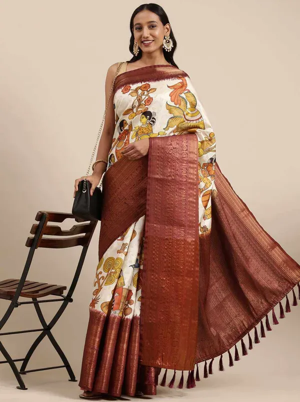 White_&_Maroon_Printed_Bollywood_Art_Silk_Saree