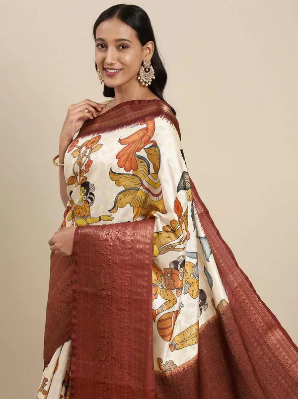 White_&_Maroon_Printed_Bollywood_Art_Silk_Saree