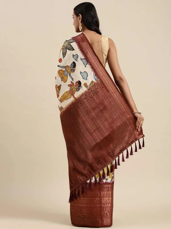 White_&_Maroon_Printed_Bollywood_Art_Silk_Saree