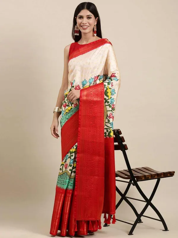 White_&_Red_Printed_Bollywood_Art_Silk_Saree