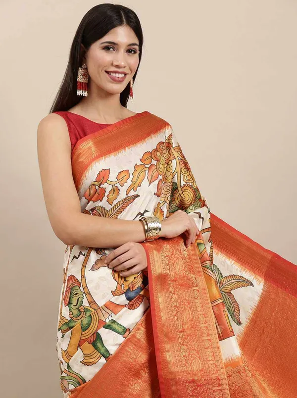 White_&_Orange_Printed_Bollywood_Art_Silk_Saree