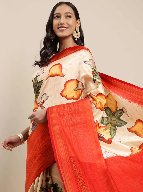 Grey_&_Red_Ethnic_Print_Zari_Silk_Blend_Saree_Unstiched_Blouse