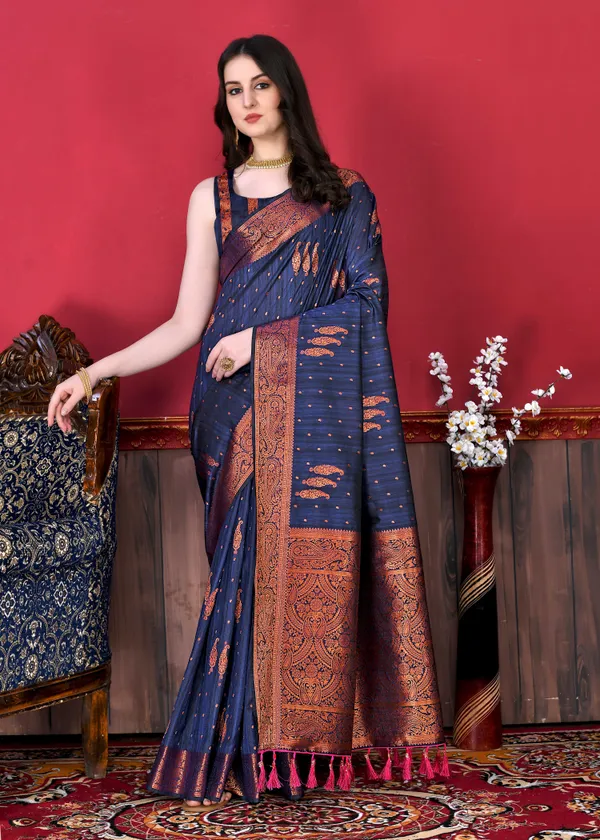 Navy_Blue_Katan_Silk_With_Beautiful_Copper_Zari_Weaving_Pallu_With_Zari_Weaving_Border_Saree
