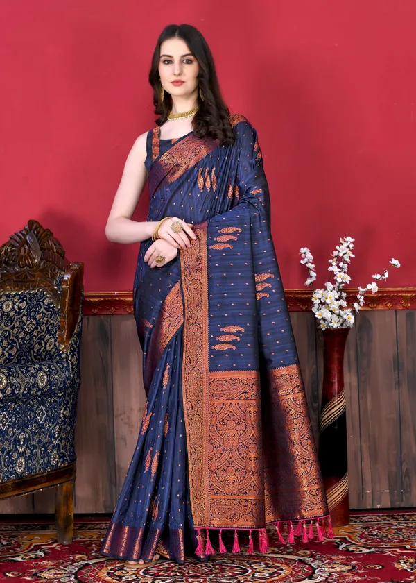 Navy_Blue_Katan_Silk_With_Beautiful_Copper_Zari_Weaving_Pallu_With_Zari_Weaving_Border_Saree