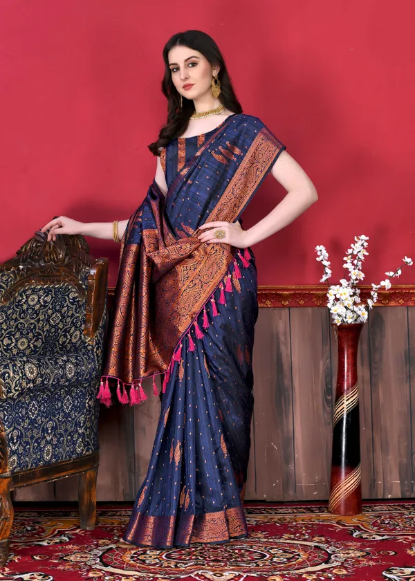 Navy_Blue_Katan_Silk_With_Beautiful_Copper_Zari_Weaving_Pallu_With_Zari_Weaving_Border_Saree
