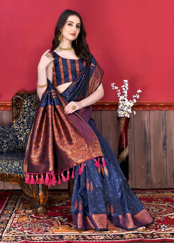 Navy_Blue_Katan_Silk_With_Beautiful_Copper_Zari_Weaving_Pallu_With_Zari_Weaving_Border_Saree