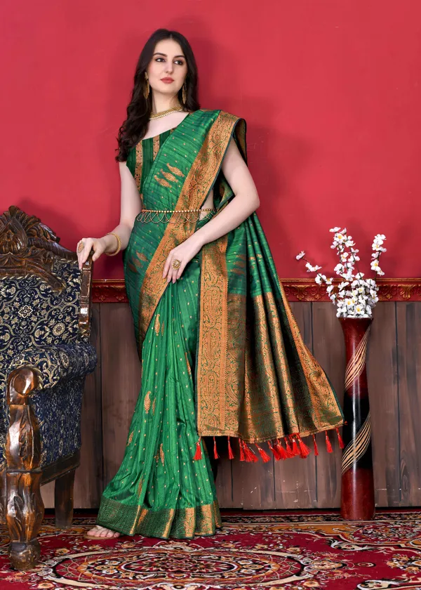 Green_Katan_Silk_With_Beautiful_Copper_Zari_Weaving_Pallu_With_Zari_Weaving_Border_Saree