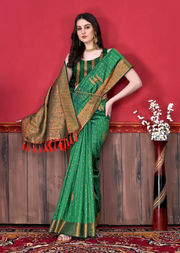 Green_Katan_Silk_With_Beautiful_Copper_Zari_Weaving_Pallu_With_Zari_Weaving_Border_Saree