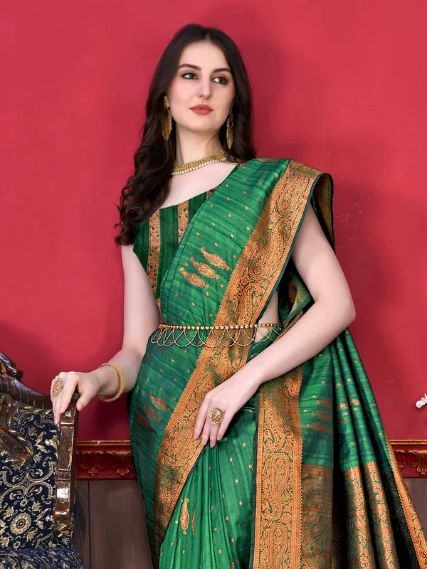 Green_Katan_Silk_With_Beautiful_Copper_Zari_Weaving_Pallu_With_Zari_Weaving_Border_Saree