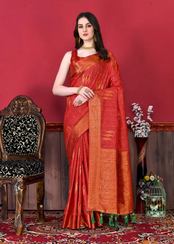 Red_Katan_Silk_With_Beautiful_Copper_Zari_Weaving_Pallu_With_Zari_Weaving_Border_Saree