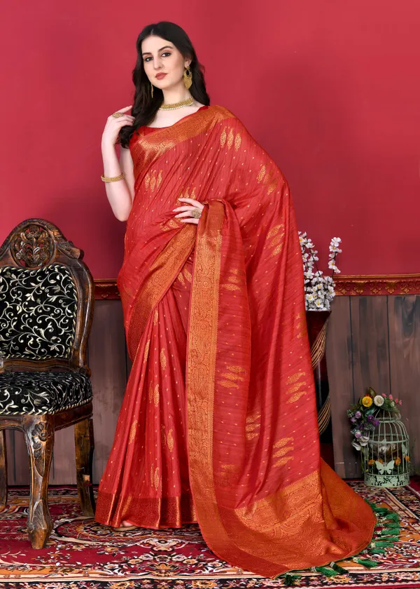 Red_Katan_Silk_With_Beautiful_Copper_Zari_Weaving_Pallu_With_Zari_Weaving_Border_Saree