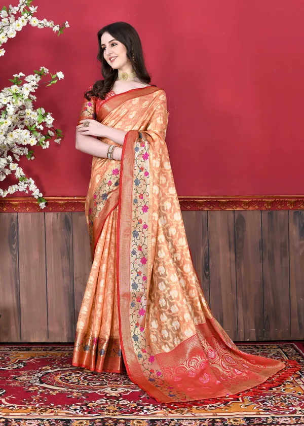 Orange_Cotton_Silk_With_Beautiful_Zari_&_Meenakari_Weaving_Pallu_With_Zari_Weaving_Border_Saree