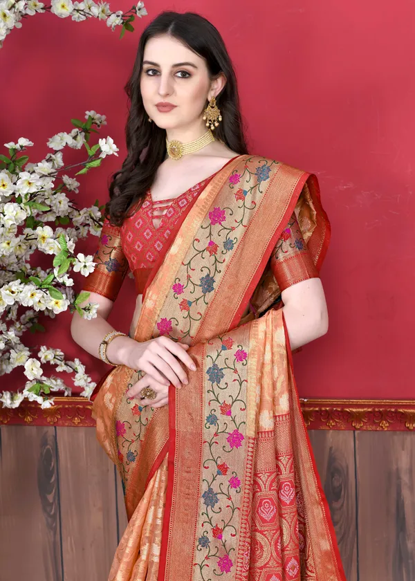 Orange_Cotton_Silk_With_Beautiful_Zari_&_Meenakari_Weaving_Pallu_With_Zari_Weaving_Border_Saree