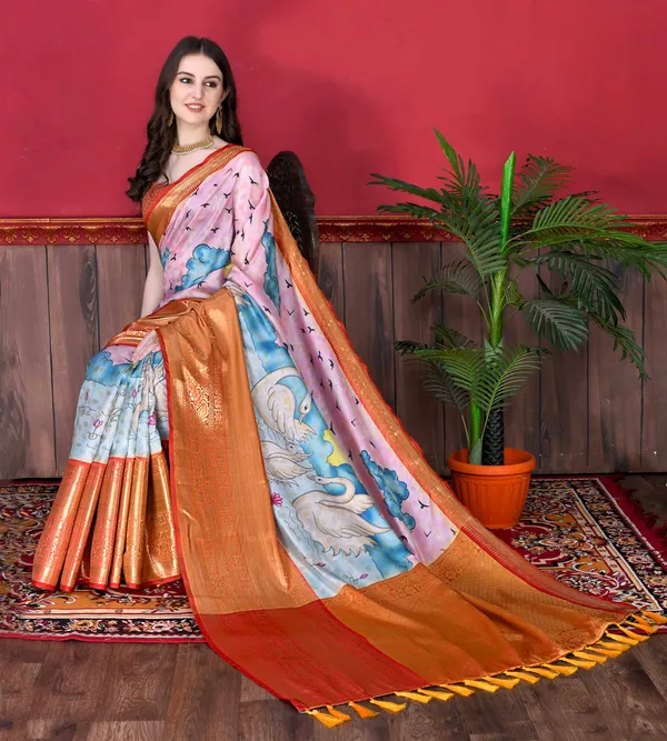 Multicolor_Soft_Banarasi_Silk_Kalamkari_Block_Print_Designe_Party_Wear_Saree