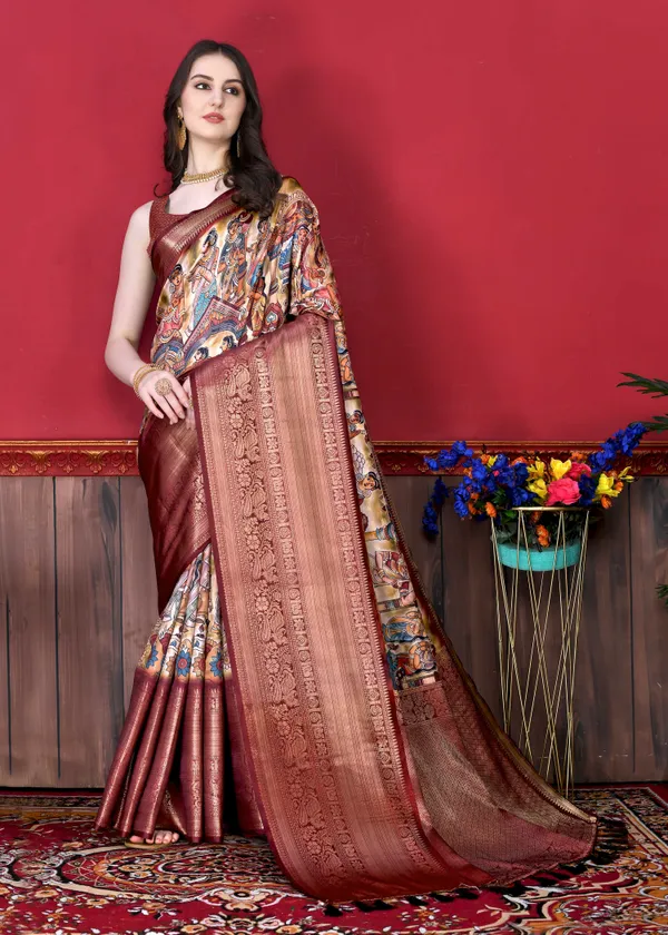 Multicolor_Soft_Banarasi_Silk_Kalamkari_Block_Print_Designe_Party_Wear_Saree