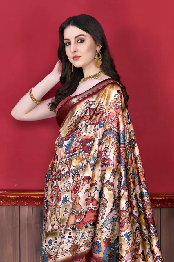 Multicolor_Soft_Banarasi_Silk_Kalamkari_Block_Print_Designe_Party_Wear_Saree