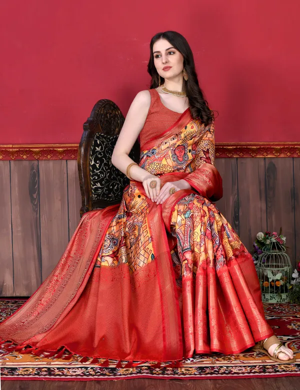 Multicolor_Soft_Banarasi_Silk_Kalamkari_Block_Print_Designe_Party_Wear_Saree