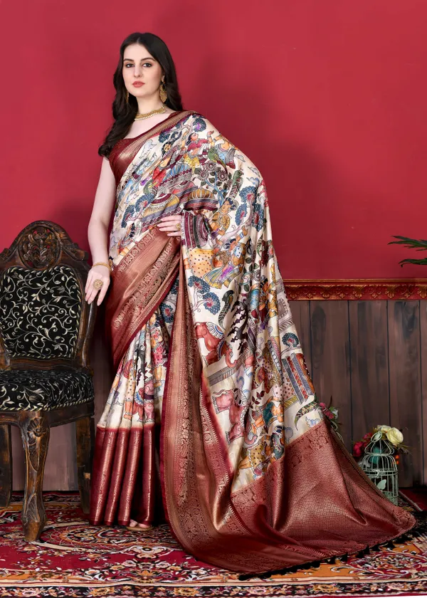 Multicolor_Soft_Banarasi_Silk_Kalamkari_Block_Print_Designe_Party_Wear_Saree