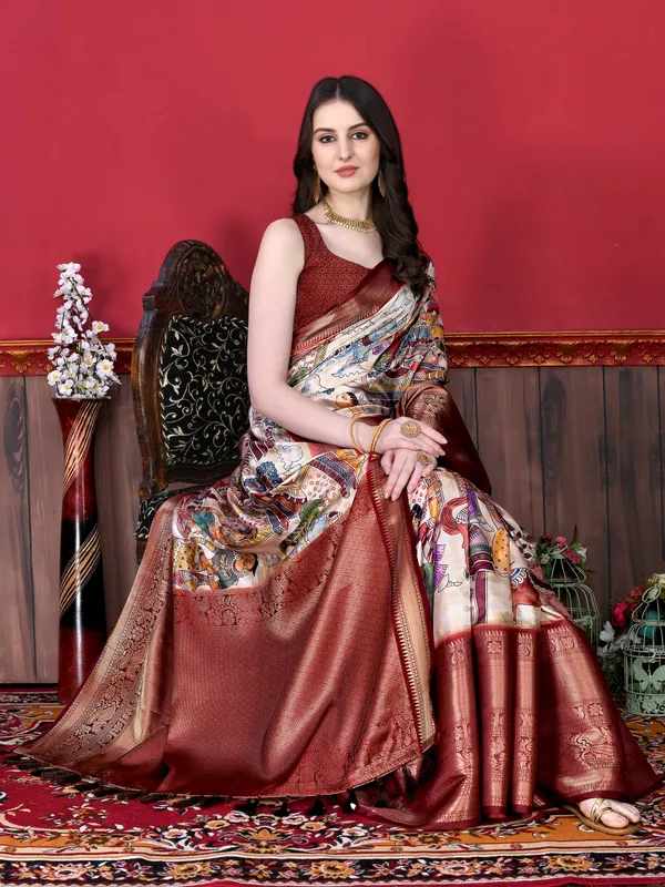 Multicolor_Soft_Banarasi_Silk_Kalamkari_Block_Print_Designe_Party_Wear_Saree