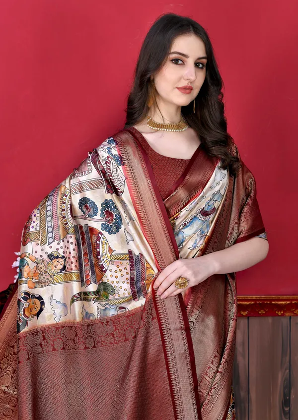 Multicolor_Soft_Banarasi_Silk_Kalamkari_Block_Print_Designe_Party_Wear_Saree