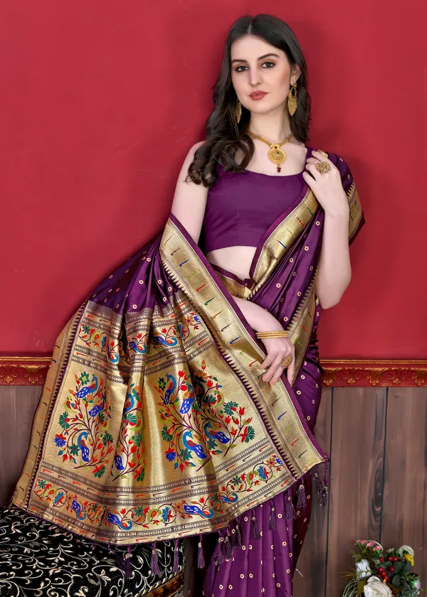 Wine_Silk_Beautiful_Paithani_Weaving_Pallu_Saree_&_Unstiched_Blouse