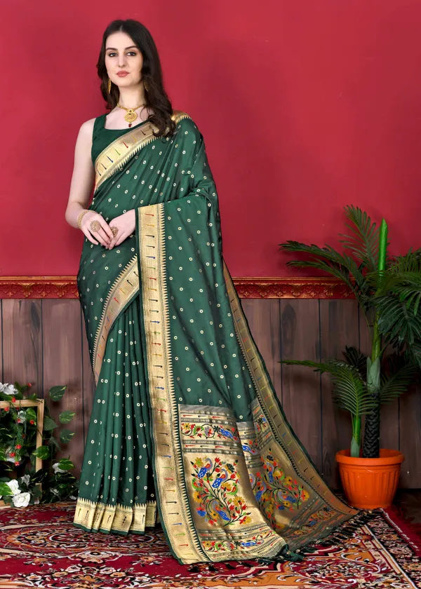 Green_Silk_Beautiful_Paithani_Weaving_Pallu_Saree_&_Unstiched_Blouse